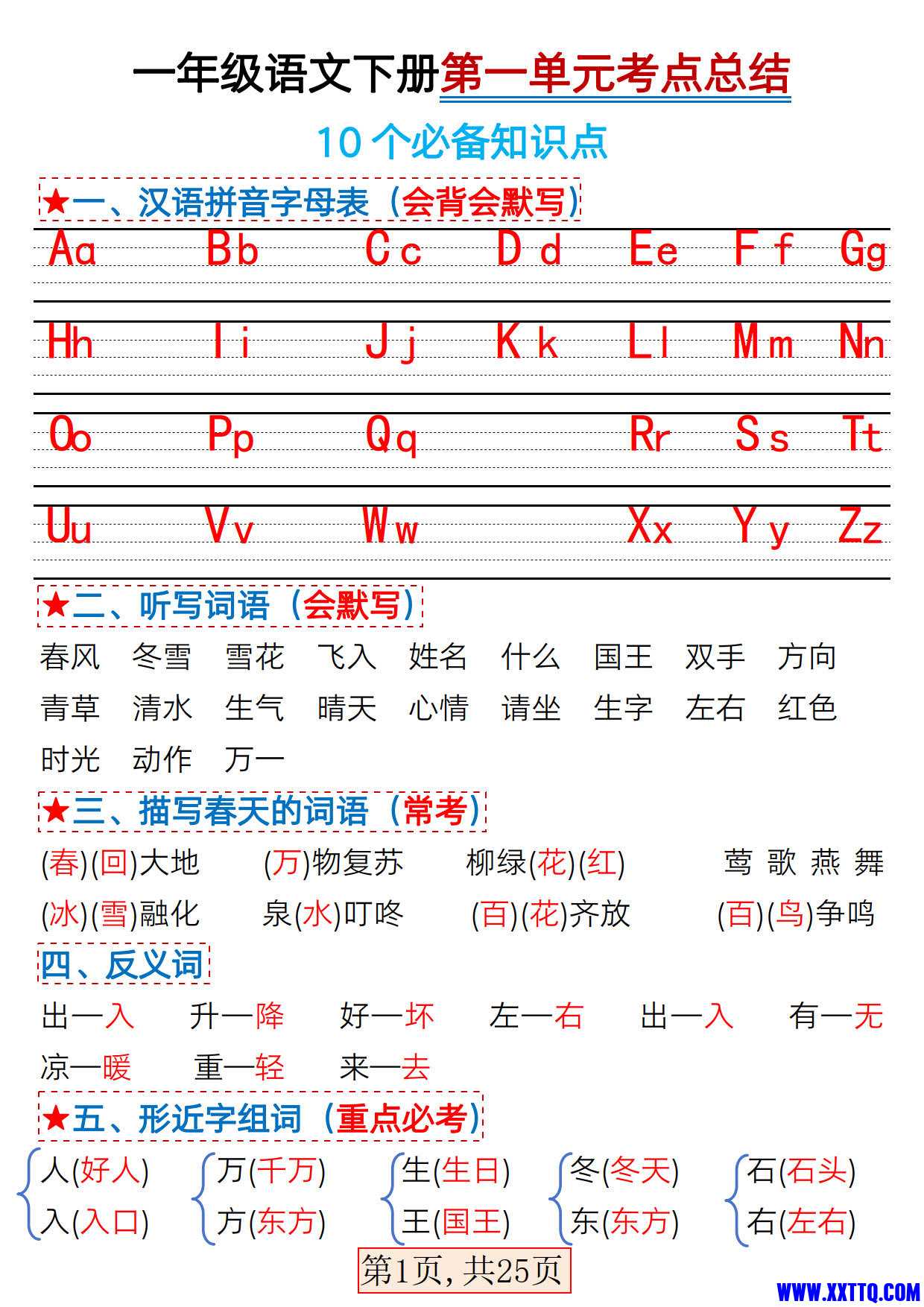 一年级语文下册1-4单元考点总结（答案 含练习题25页）_1.jpg