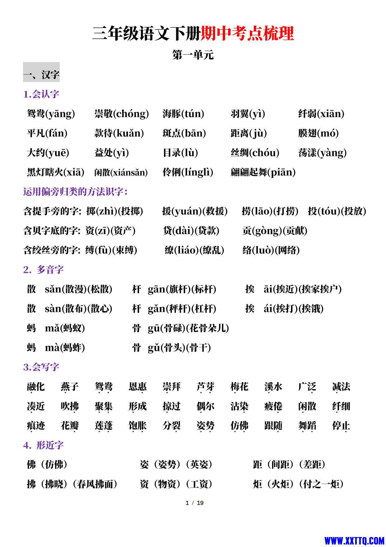 2024小学三年级（下）语文期中考点梳理（共19页）_1.jpg