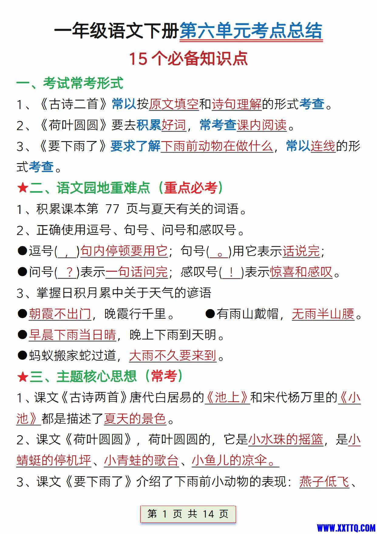 一下语文第六单元考点总结15点版(含练习题14页)_01.jpg
