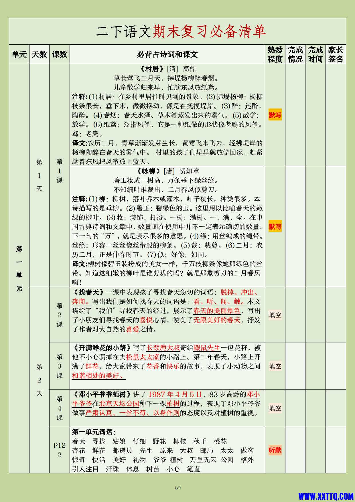二年级语文下册期末复习计划清单（9页24天）_1.jpg